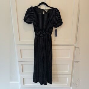 Habitual Black Velvet Romper with Silver Pinstripes and Puff Sleeves